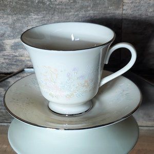 Lenox April Footed Cup & Saucer - 1980's Pastel Flowers with Platinum Rim